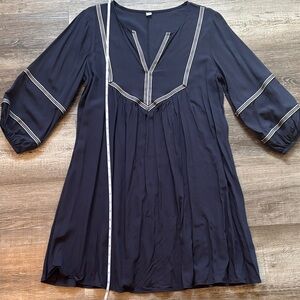 Navy Embroidered V-Neck Tunic Dress